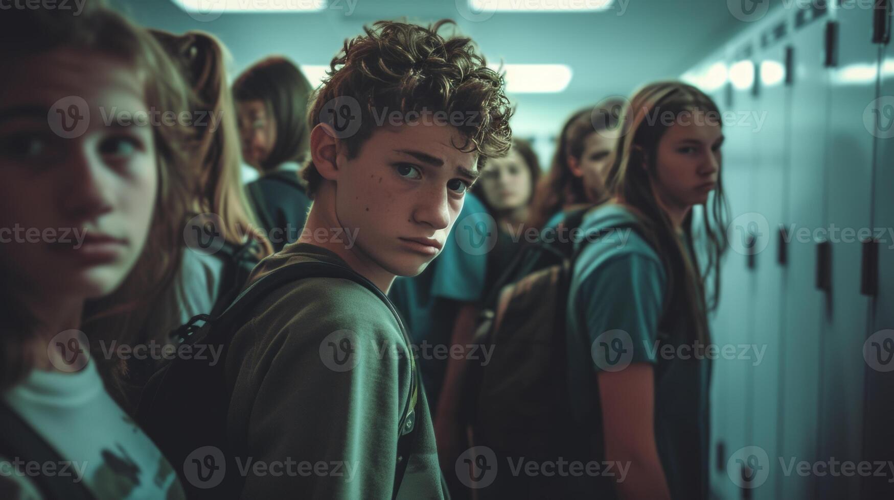 AI generated harassment in school a group of high school students in a locker room being cyberbully photo