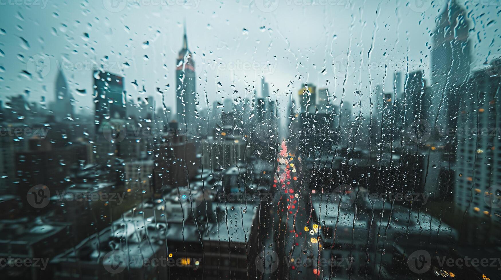 AI generated A rainy cityscape view from a wet window gray sky dark tone photo