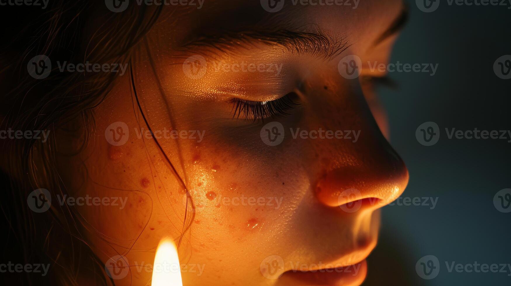 AI generated close up of woman pimpled face and soft glow candlelight imperfection beauty photo