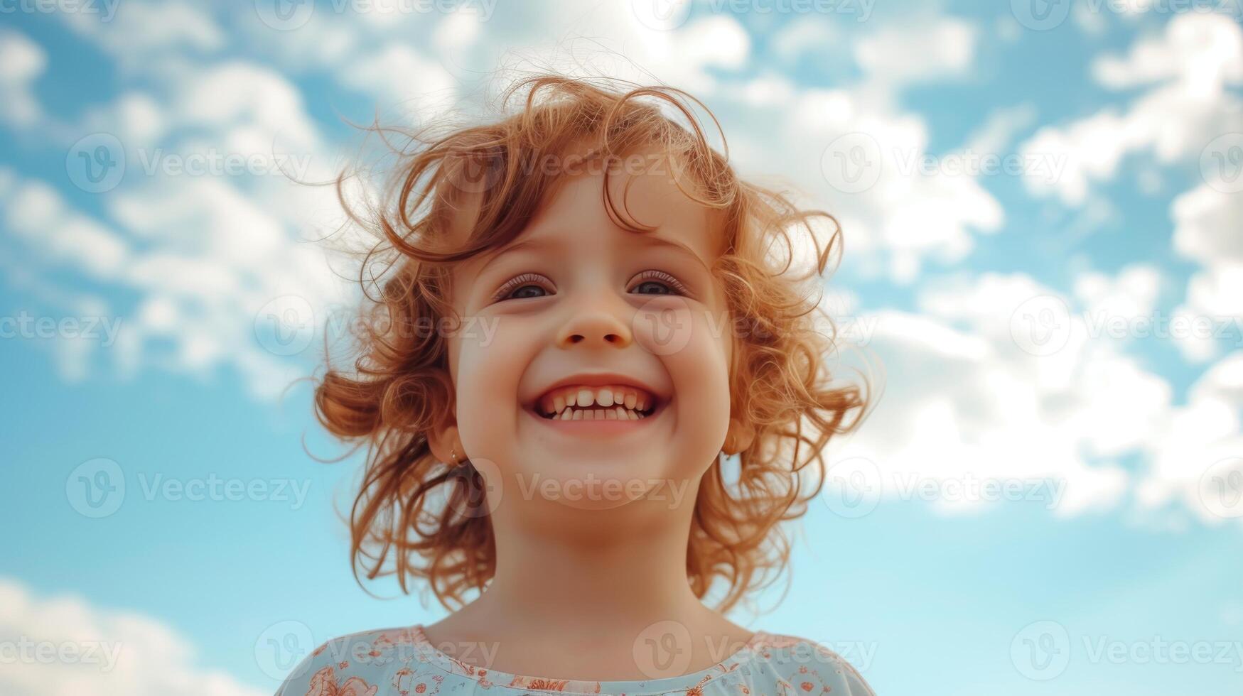 AI generated a child with blushing teeth innocent smile gainst soft clouds and blue sky photo