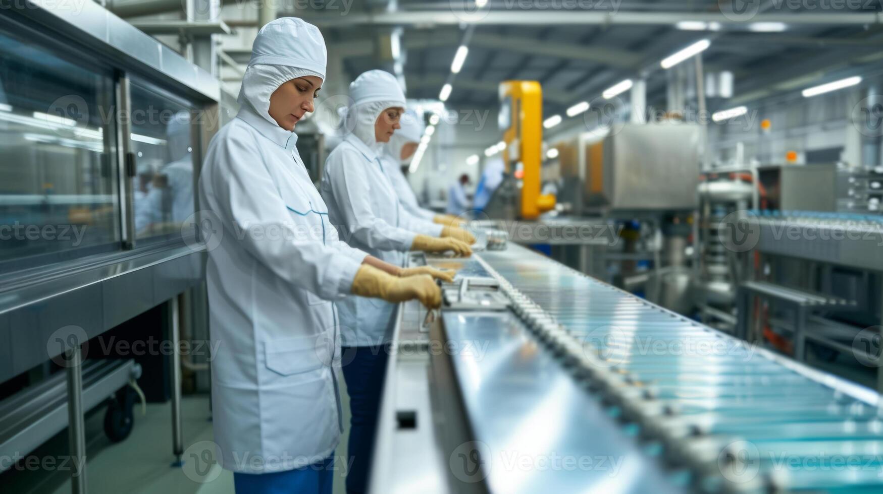 ai generado comida ingenieros inspeccionando comida Procesando equipo en producción línea. foto