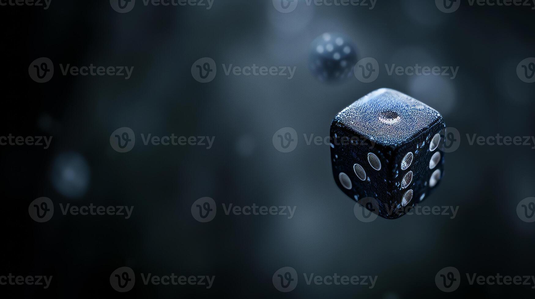 AI generated A black dice floating in the air with white dots and a dark, blurred background. photo