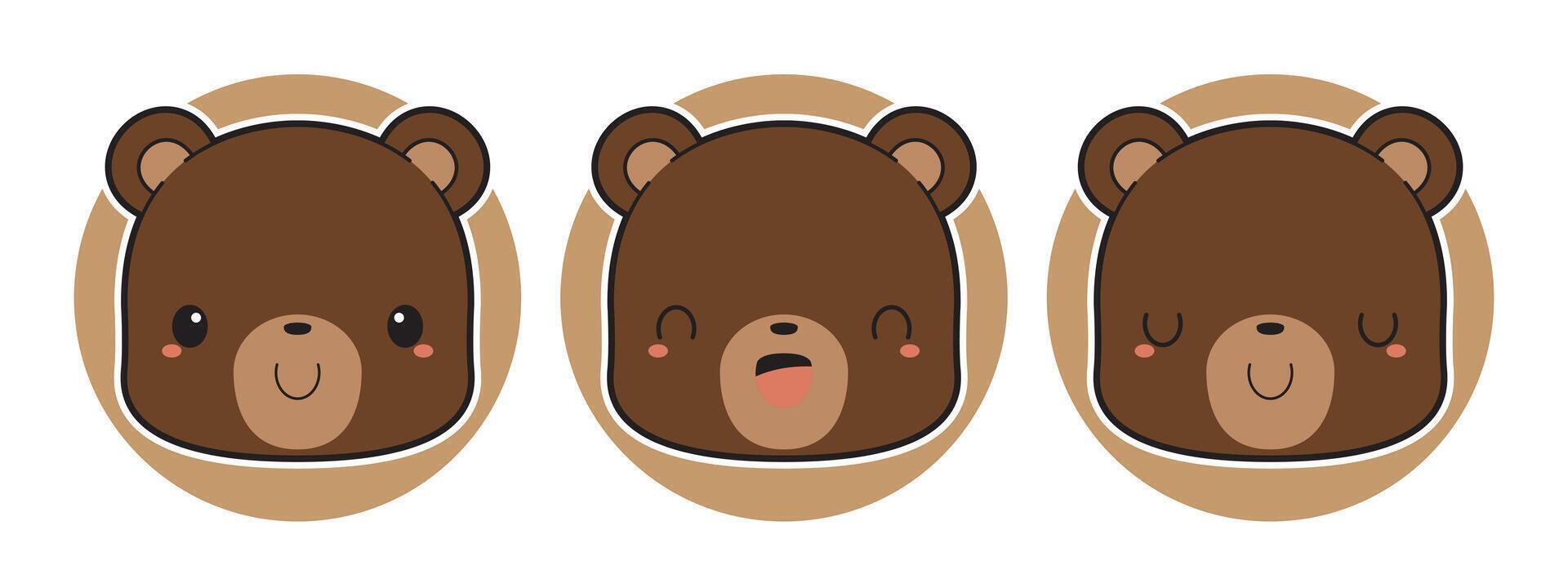 Set of cute brown bear cartoon icons. Flat vector illustration.