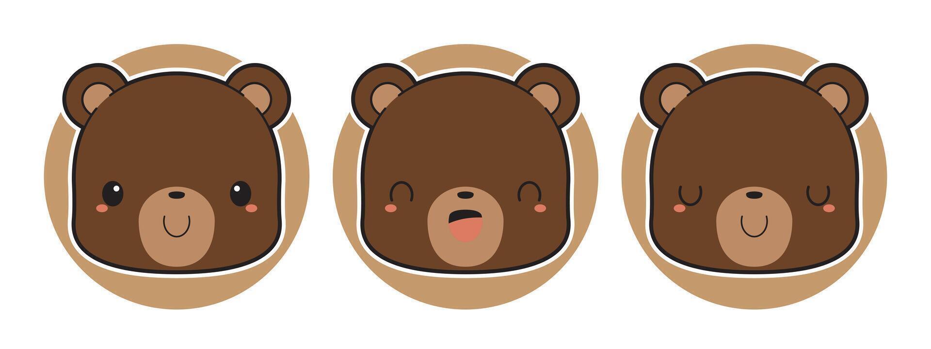 Set of cute brown bear cartoon icons. Flat vector illustration.