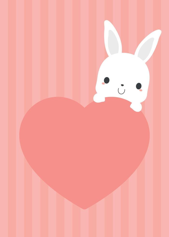 Cute white rabbit on pink heart shaped blank copy space on pink stripe background. Greeting card template. Perfect for Valentine's day. vector