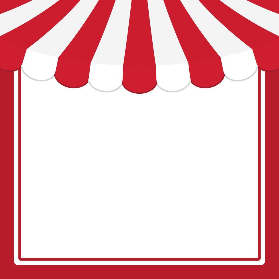 Blank red square frame with red and white striped circus tent top. Flat vector illustration.