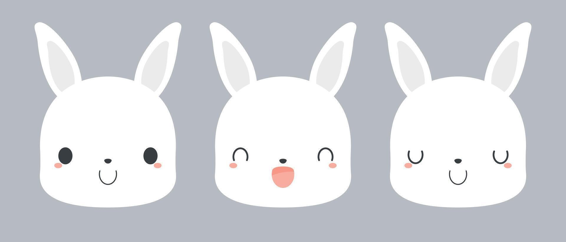 Set of cute white rabbit cartoon icons. Flat vector illustration.