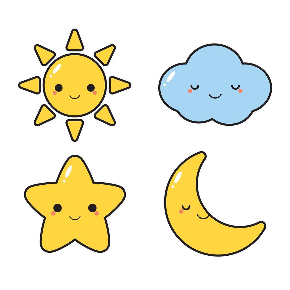 Set of cute weather element icons, including sun, cloud, star and moon. vector