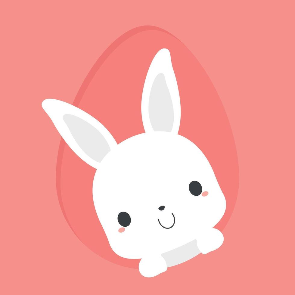 Cute white bunny rabbit appearing from pink Easter egg shape background. Flat vector illustration.