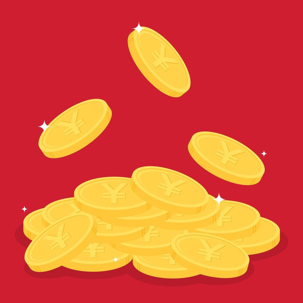 Stack of gold Japanese yen or Chinese yuan coins. Business and finance concept. Flat design vector illustration.