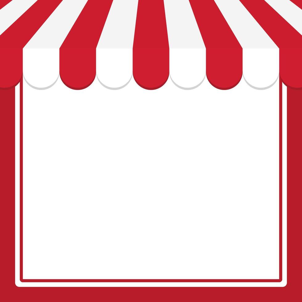 Blank red square frame with red and white striped circus tent top. Flat vector illustration.