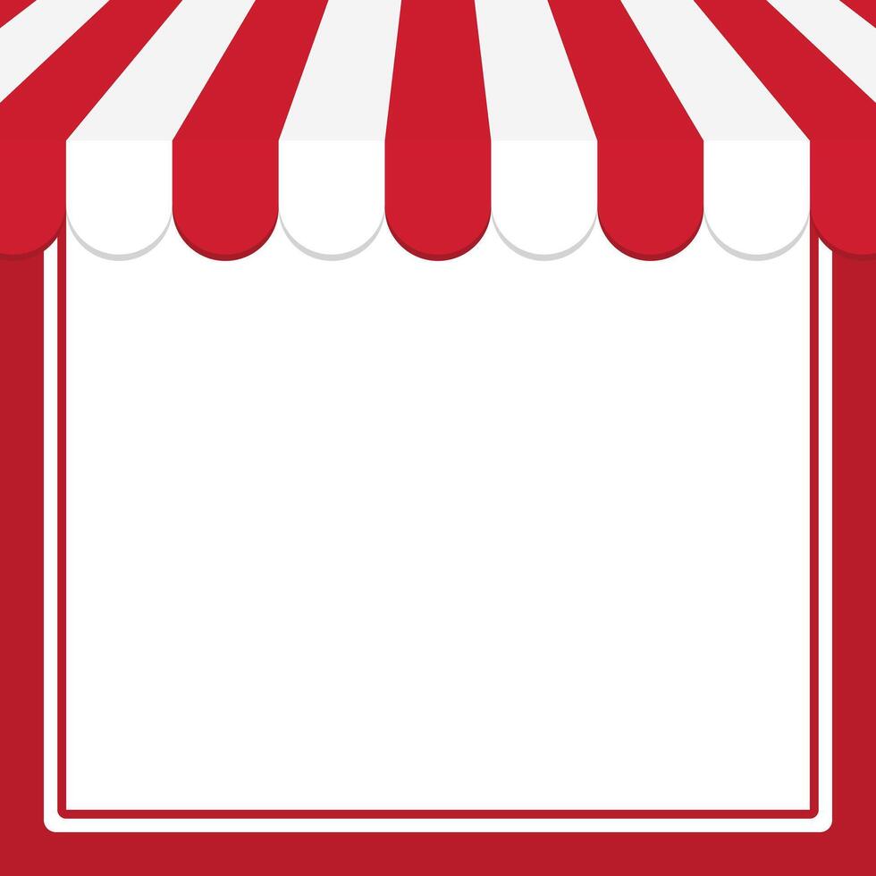 Blank red square frame with red and white striped circus tent top. Flat vector illustration.