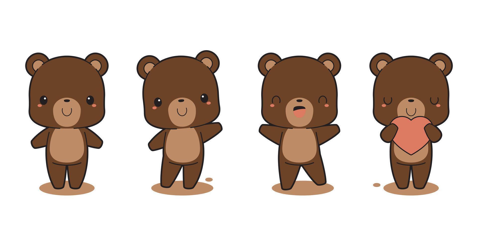 Set of cute brown bear cartoon characters. Flat vector illustration.