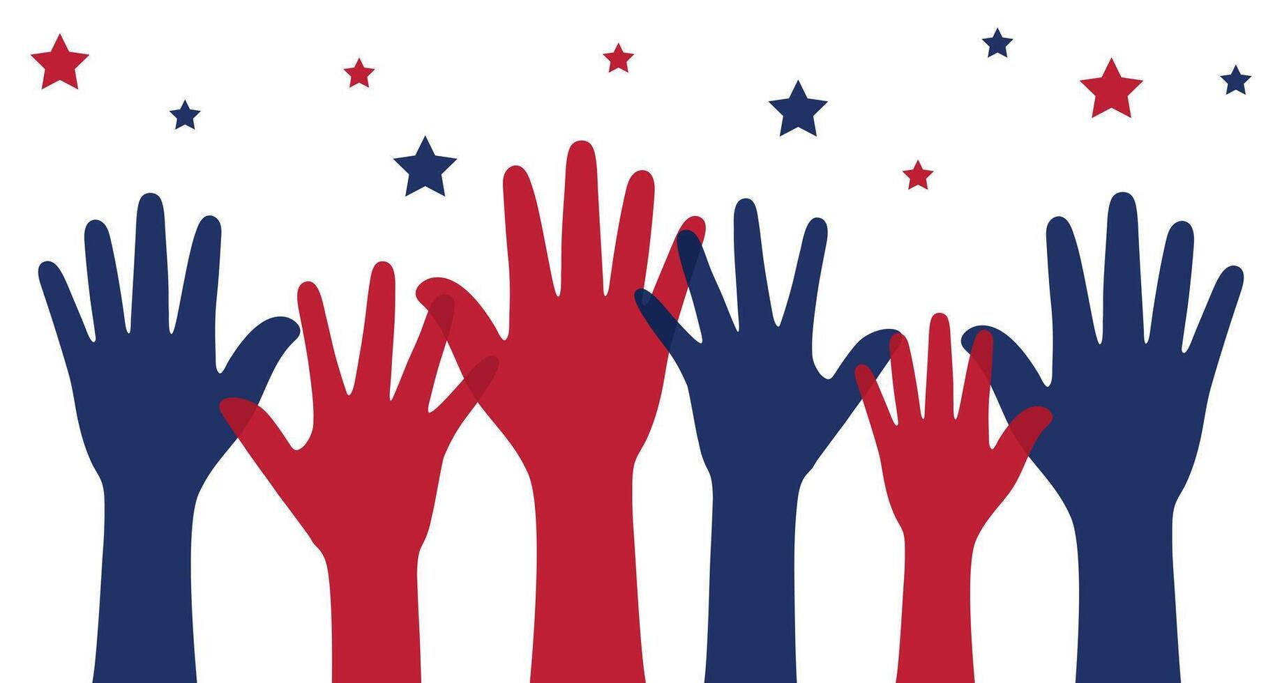 Silhouette of blue and red colored raising hands as United States of America Flag symbol. United States elections concept. vector