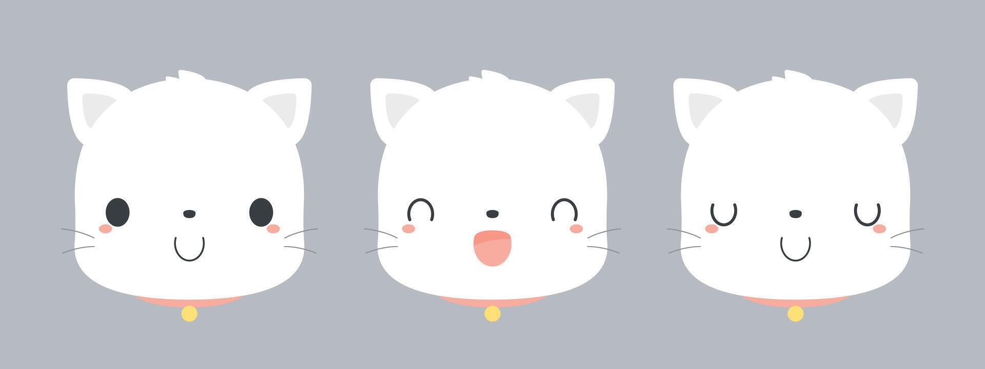 Set of cute white cat cartoon characters. Flat vector illustration.