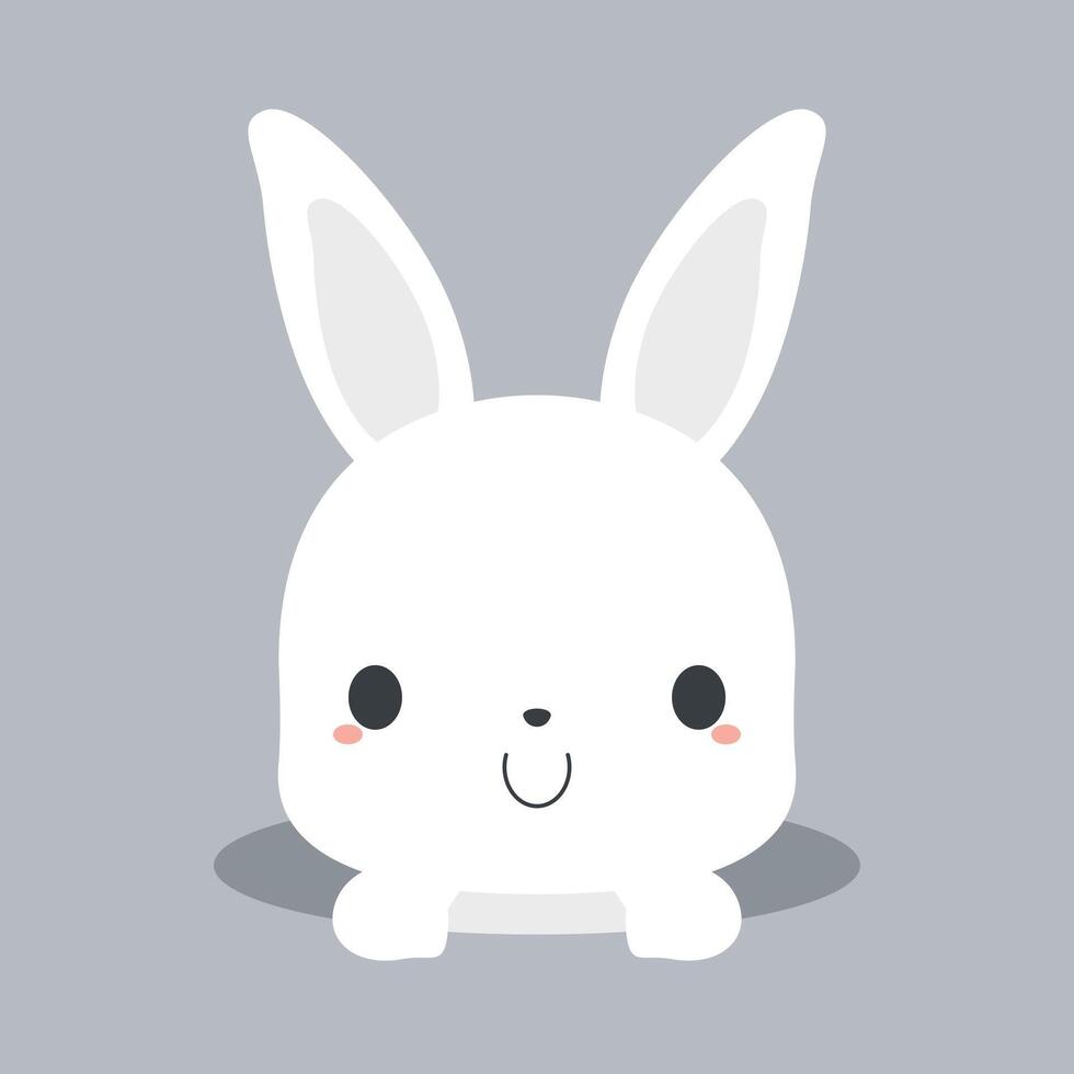 Cute white bunny rabbit appearing from hole. Flat vector illustration.