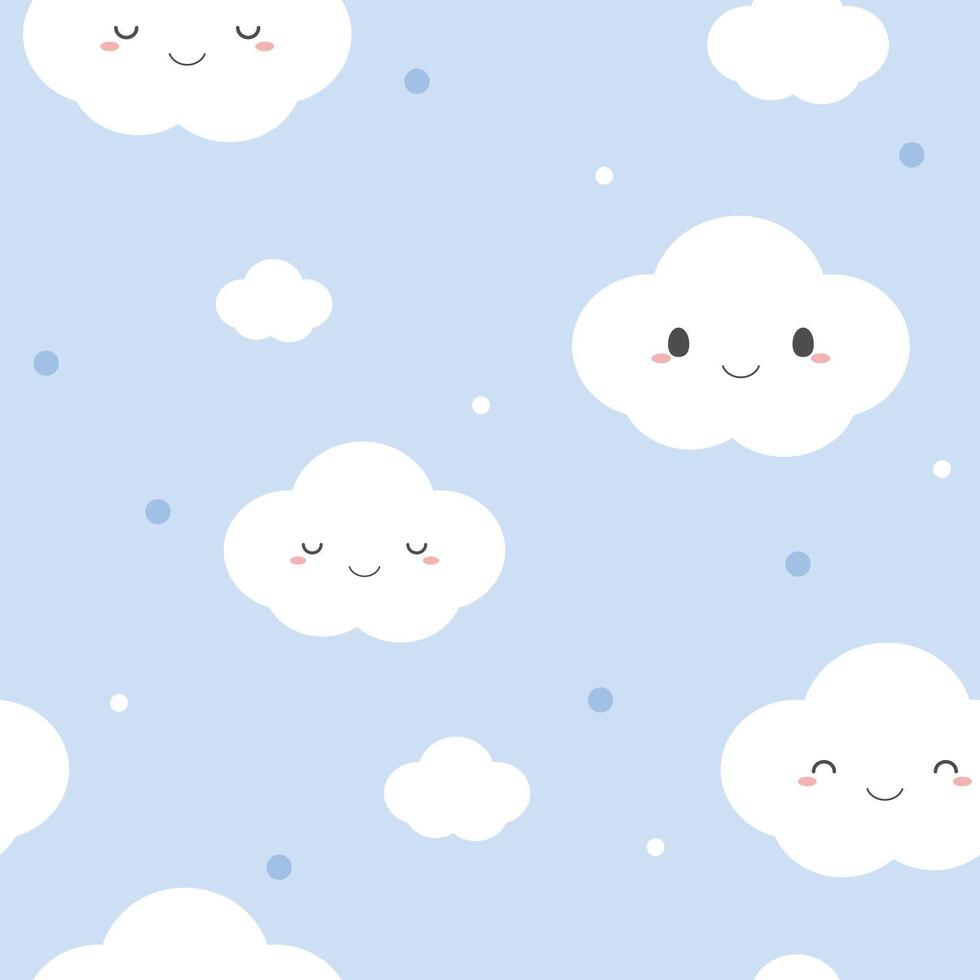 Seamless pattern of cute white clouds on pastel blue background. vector