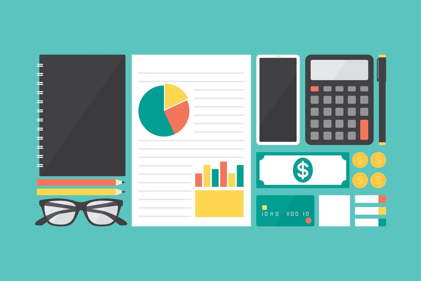 Flat design vector illustration of office supplies for accountants including notebook, calculator, smartphone, banknote, coins and more. Business and finance concept.