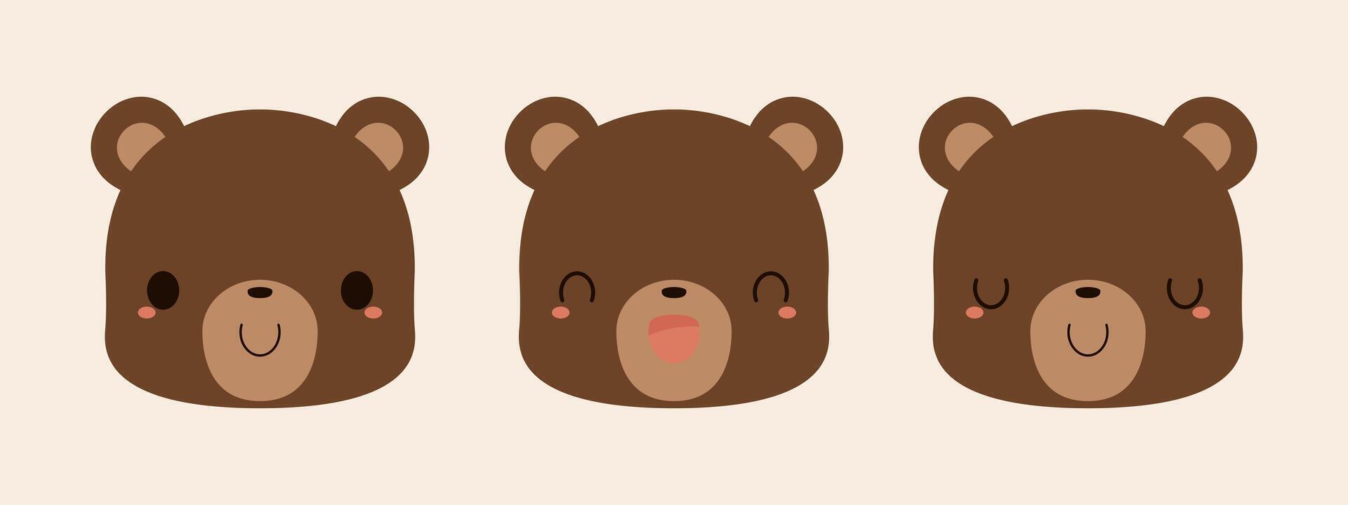 Set of cute brown bear cartoon icons. Flat vector illustration.