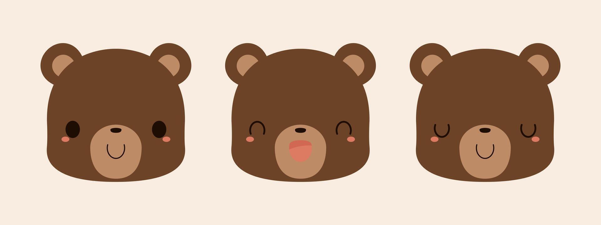 Set of cute brown bear cartoon icons. Flat vector illustration.