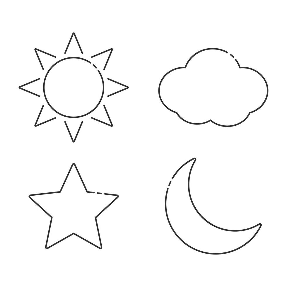 Set of weather element icons, including sun, cloud, star and moon. Line art design. vector