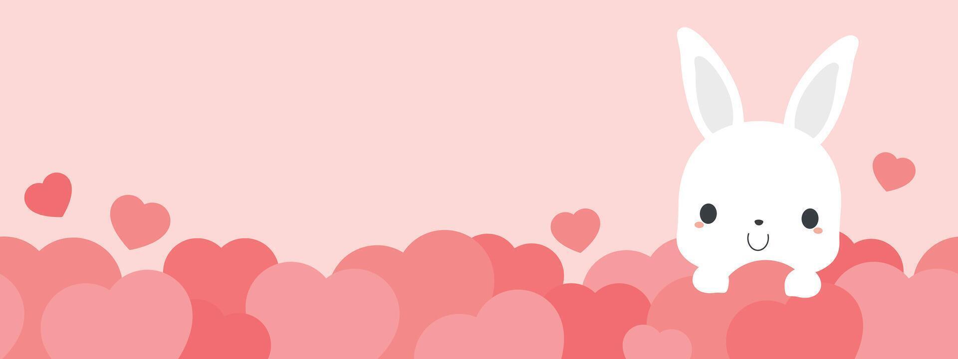 Cute white rabbit on pink heart bottom border with copy space. Perfect for Valentine's day. Flat vector illustration.