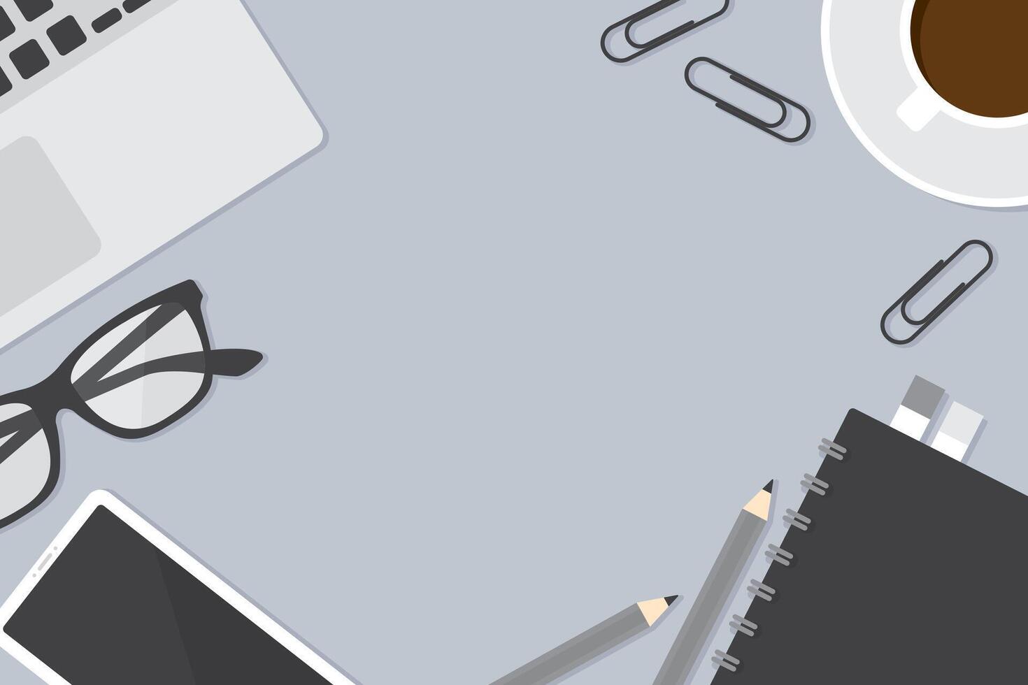 Flat design vector illustration of workspace with office supplies including notebook, laptop computer, coffee cup and stationery. Business concept.