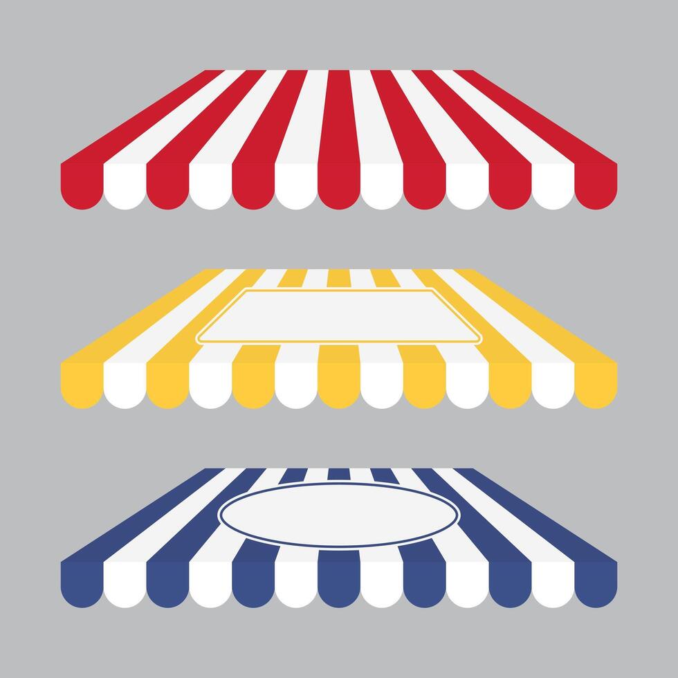 Set of colorful striped shop awning. Flat vector illustration.