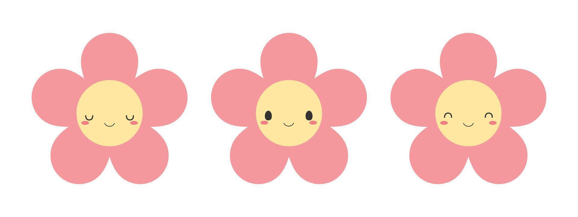 Set of cute pink flower icons. Flat vector illustration.