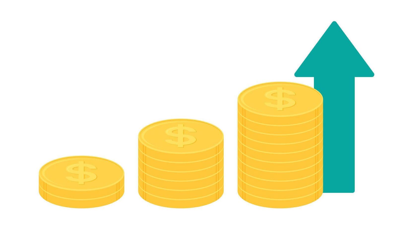 Stack of gold dollar coins with green upward pointing arrow. Business growth concept. Flat design vector illustration.