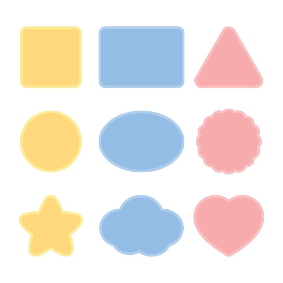 Blank cute pastel colored labels including square, rectangle, triangle, circle, ellipse, scalloped circle, star, cloud and heart shapes. Flat vector illustration.