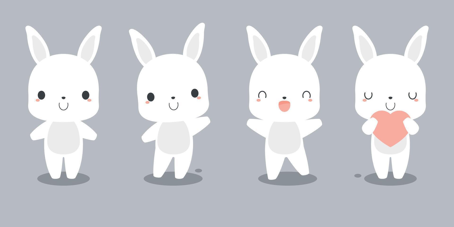 Set of cute white rabbit cartoon icons. Flat vector illustration.