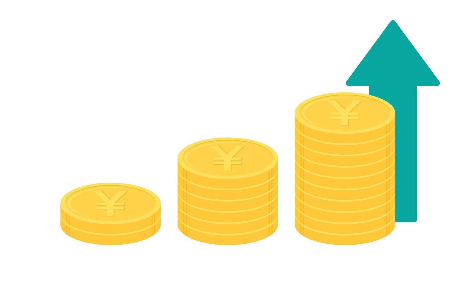 Stack of gold Japanese yen or Chinese yuan coins with green upward pointing arrow. Business growth concept. Flat design vector illustration.