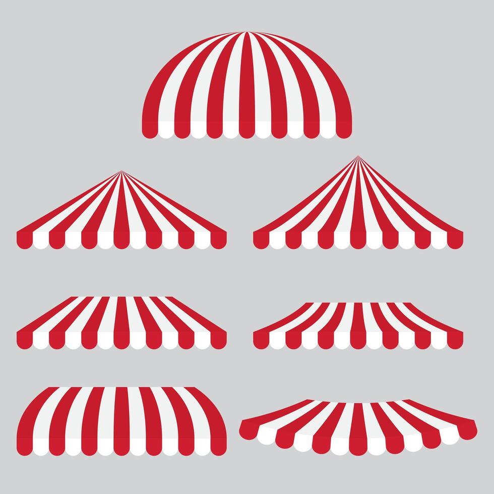 Set of red striped shop awning. Flat vector illustration.