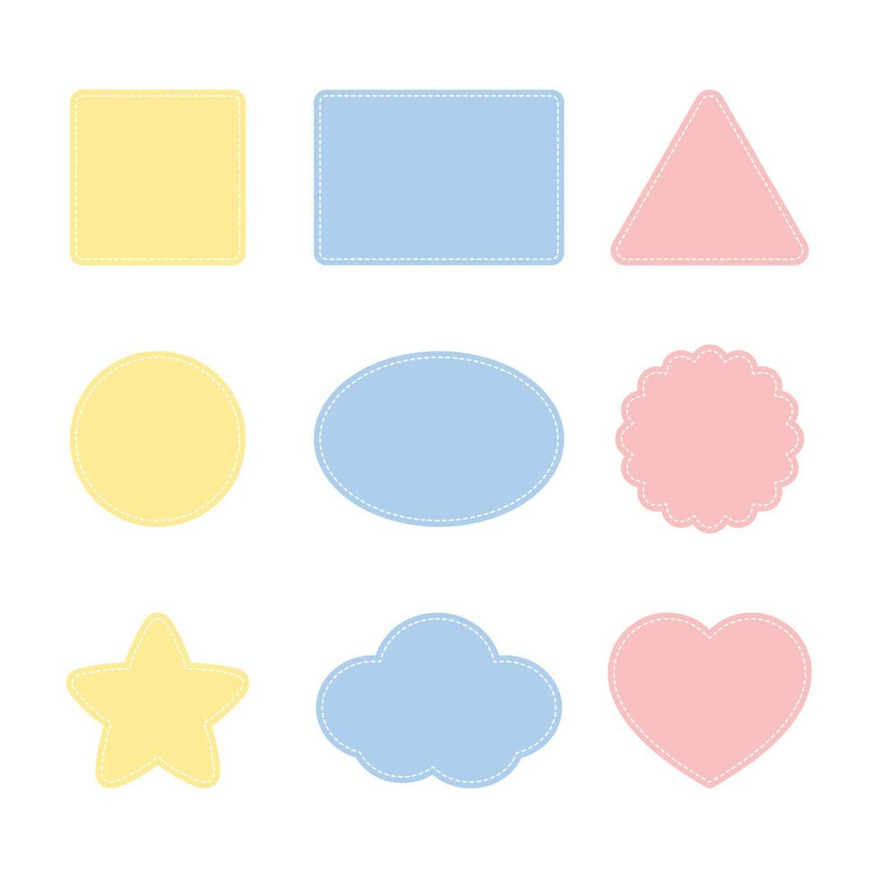 Blank cute pastel colored labels including square, rectangle, triangle, circle, ellipse, scalloped circle, star, cloud and heart shapes. Flat vector illustration.