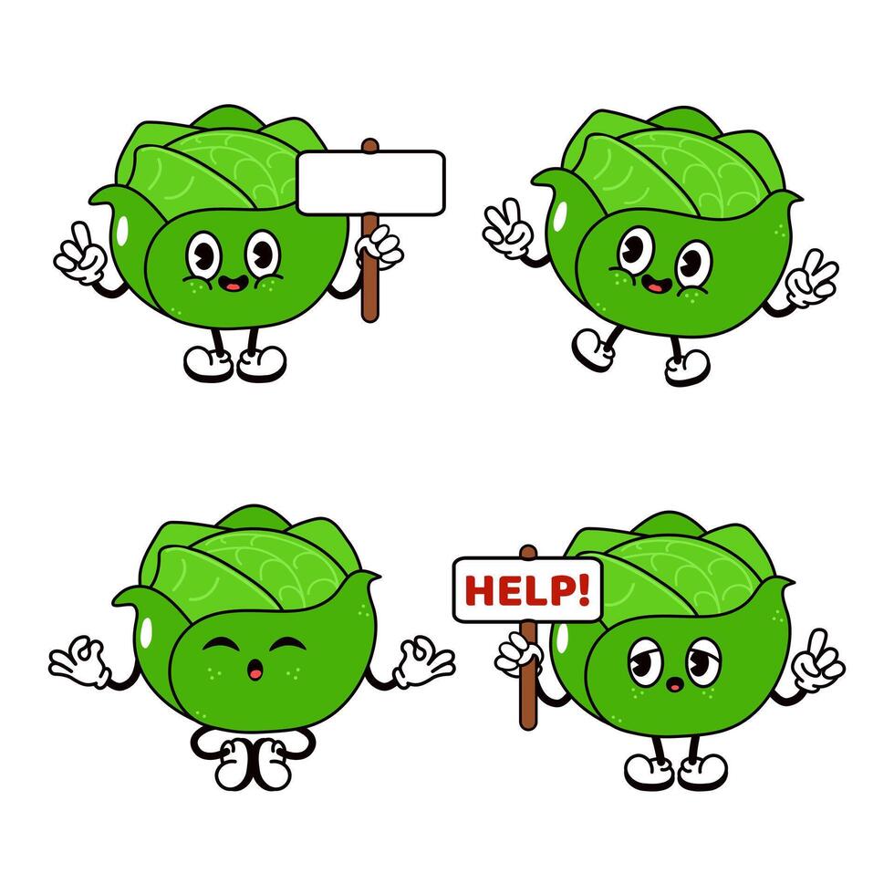 Funny cute Cabbage characters bundle set. Vector hand drawn doodle style traditional cartoon vintage, retro character illustration icon design. Isolated white background. Happy Cabbage