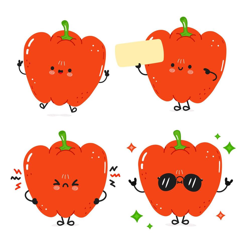 Funny Red bell pepper characters bundle set. Vector hand drawn doodle style cartoon character illustration icon design. Cute Red bell pepper mascot character collection