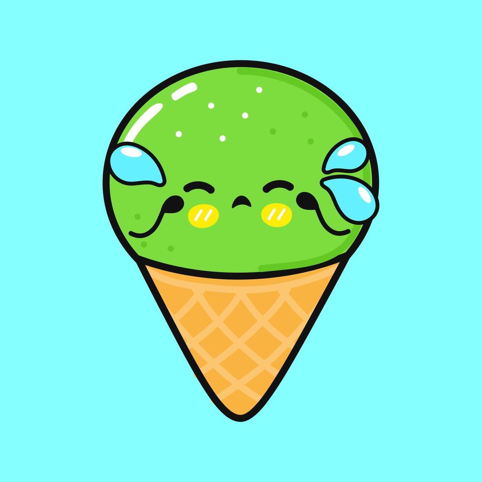 Cying Pistachio ice cream character. Vector hand drawn cartoon kawaii character illustration icon. Isolated on blue background. Sad Pistachio ice cream character concept