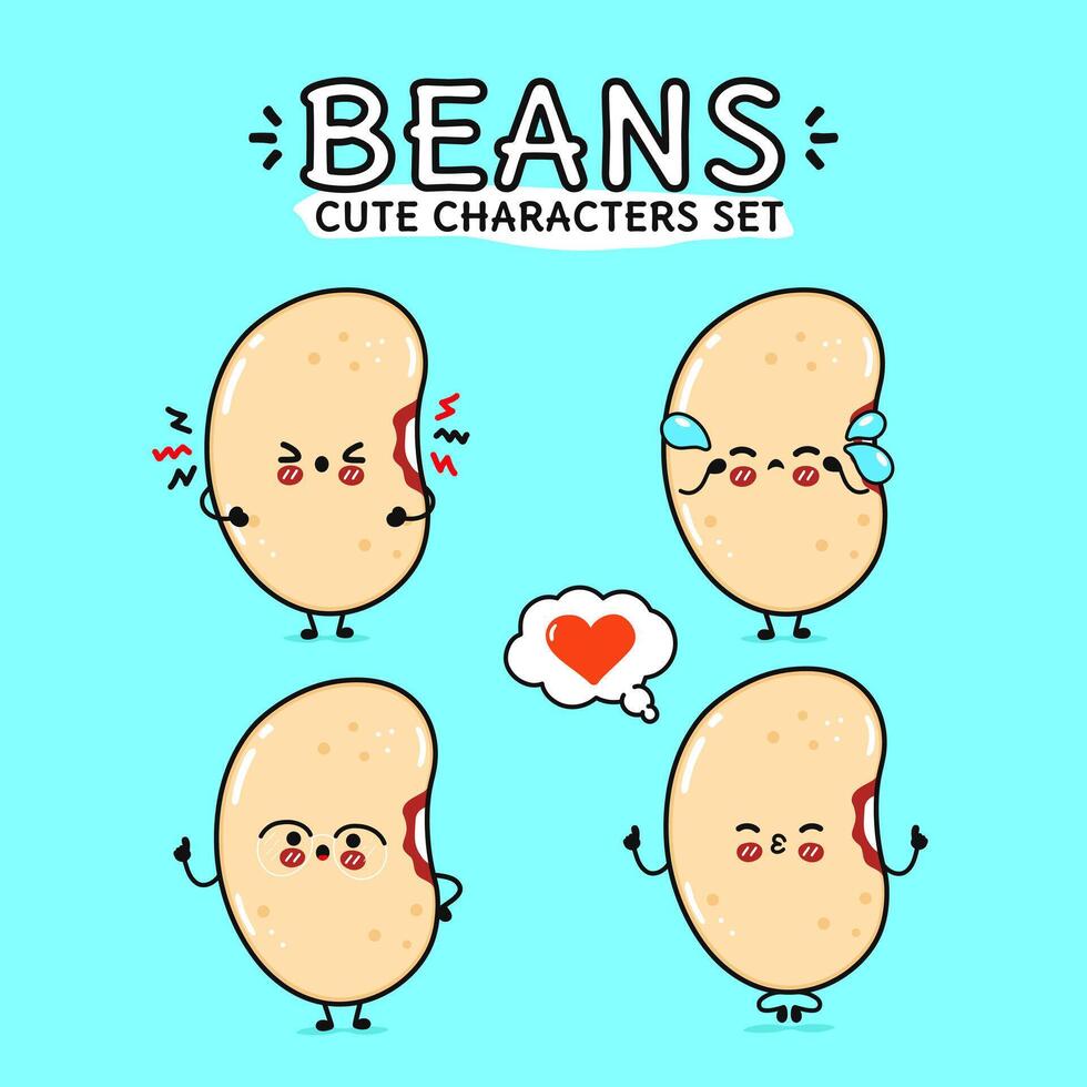 Funny cute happy Beans characters bundle set. Vector hand drawn doodle style cartoon character illustration icon design. Isolated on blue background. Beans mascot character collection