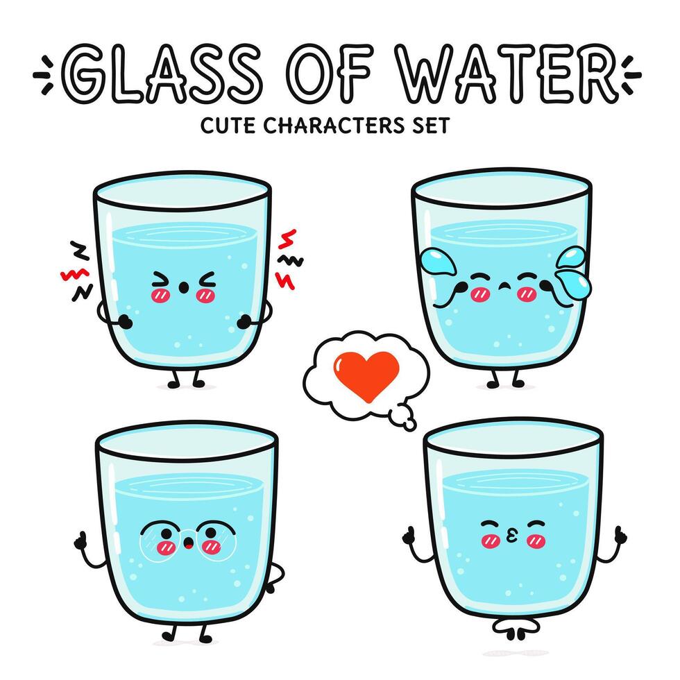 Funny cute happy Glass of water characters bundle set. Vector hand drawn doodle style cartoon character illustration icon design. Isolated white background. Glass of water mascot character collection