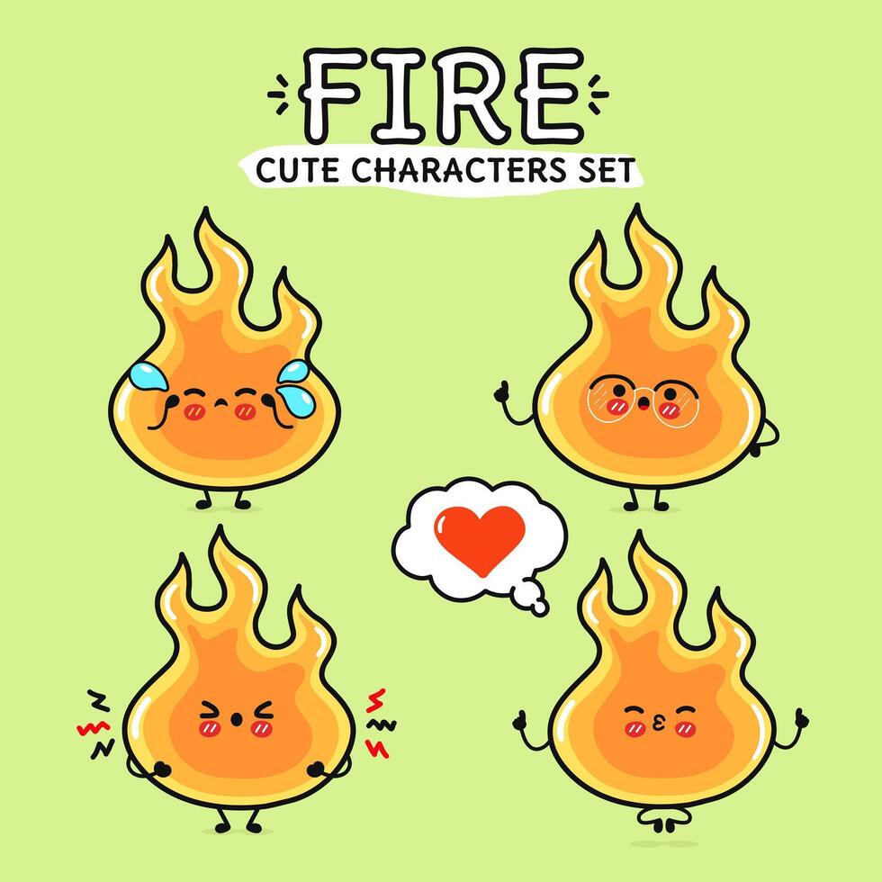 Funny cute happy Fire characters bundle set. Vector hand drawn doodle style cartoon character illustration icon design. Isolated on green background. Fire mascot character collection