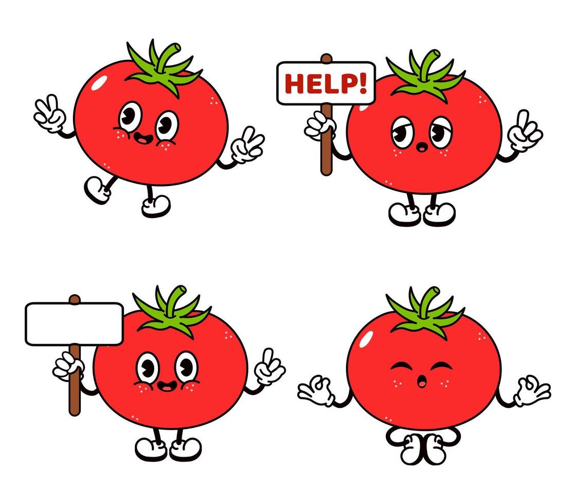 Funny cute Tomato characters bundle set. Vector hand drawn doodle style traditional cartoon vintage, retro character illustration icon design. Isolated white background. Happy Tomato