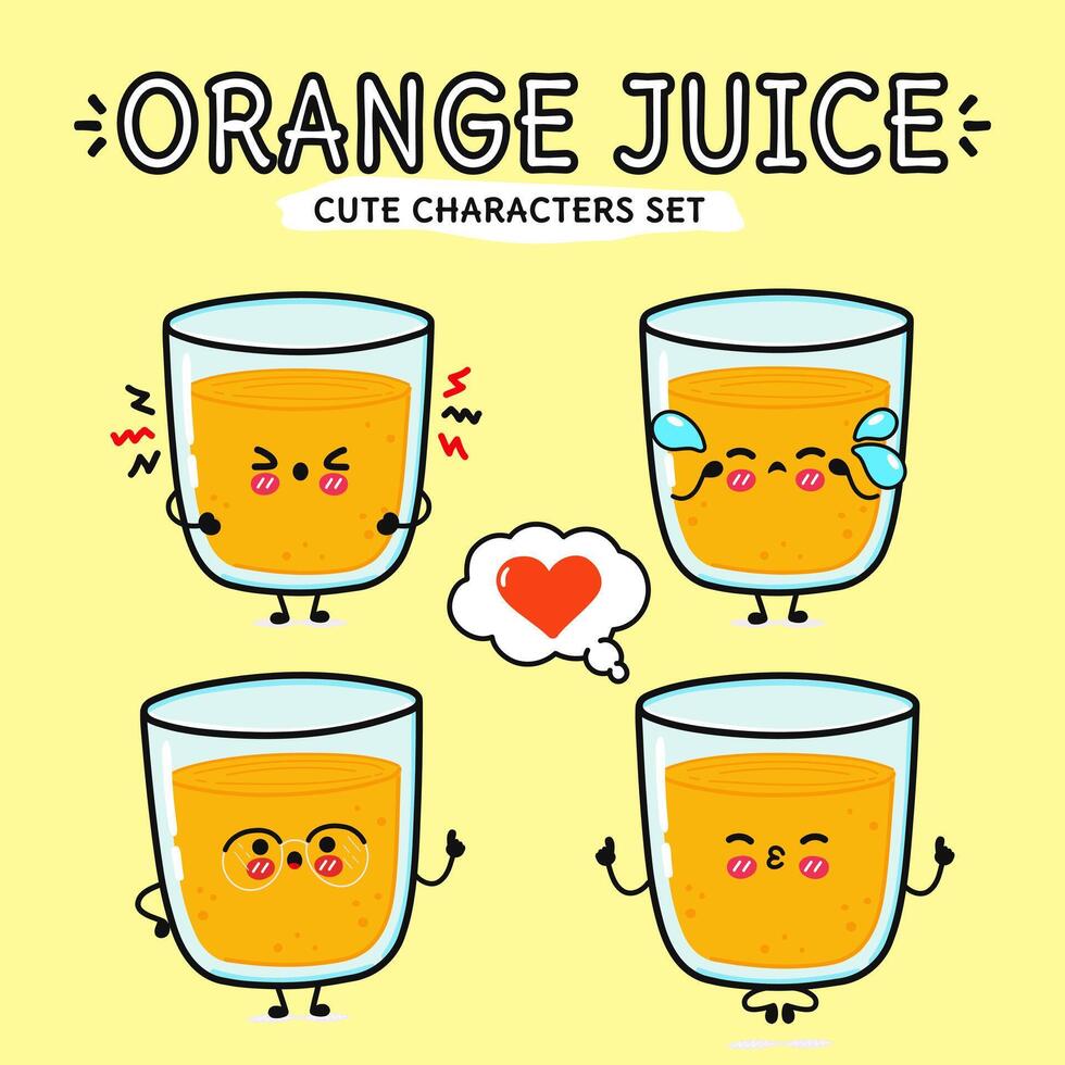 Funny cute happy Orange juice characters bundle set. Vector hand drawn doodle style cartoon character illustration icon design. Isolated on yellow background. Orange juice mascot character collection
