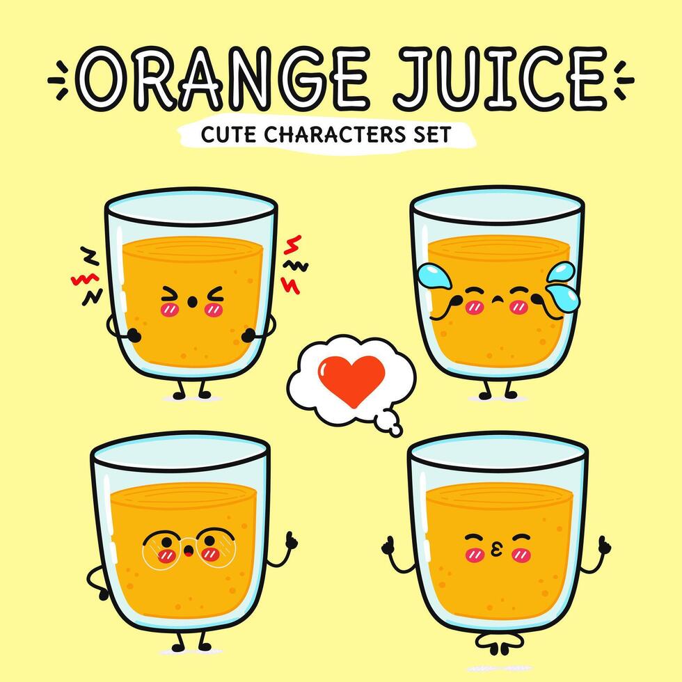 gracioso linda contento naranja jugo caracteres haz colocar. vector mano dibujado garabatear estilo dibujos animados personaje ilustración icono diseño. aislado en amarillo antecedentes. naranja jugo mascota personaje colección