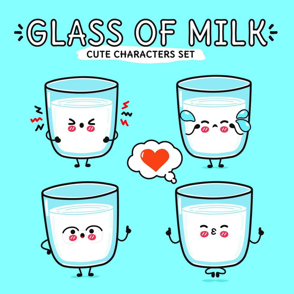 Funny cute happy Glass of milk characters bundle set. Vector hand drawn doodle style cartoon character illustration icon design. Isolated on blue background. Glass of milk mascot character collection