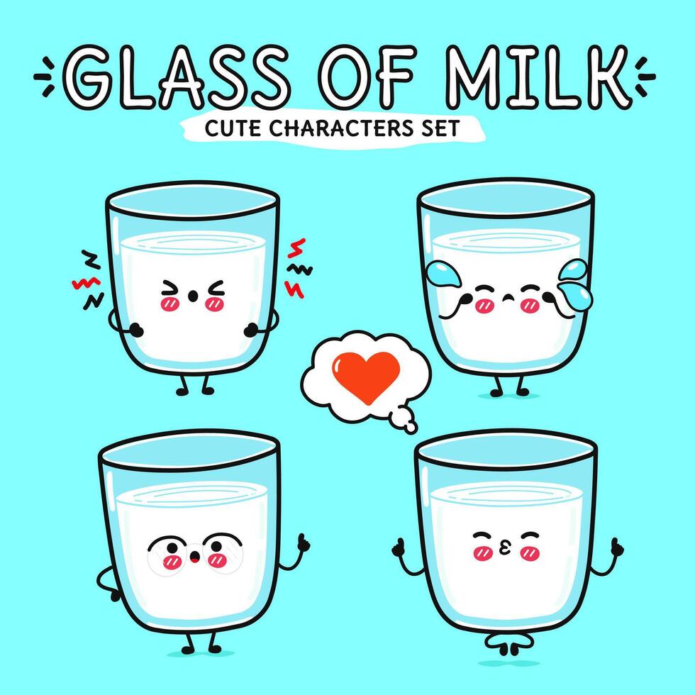 gracioso linda contento vaso de Leche caracteres haz colocar. vector mano dibujado garabatear estilo dibujos animados personaje ilustración icono diseño. aislado en azul antecedentes. vaso de Leche mascota personaje colección