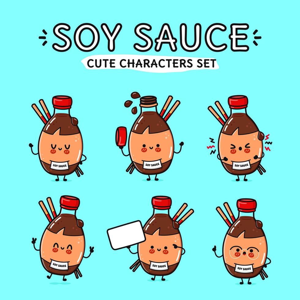 Funny cute happy Bottle of soy sauce characters bundle set. Vector hand drawn doodle style cartoon character illustration icon design. Isolated on blue background. Bottle of soy sauce character