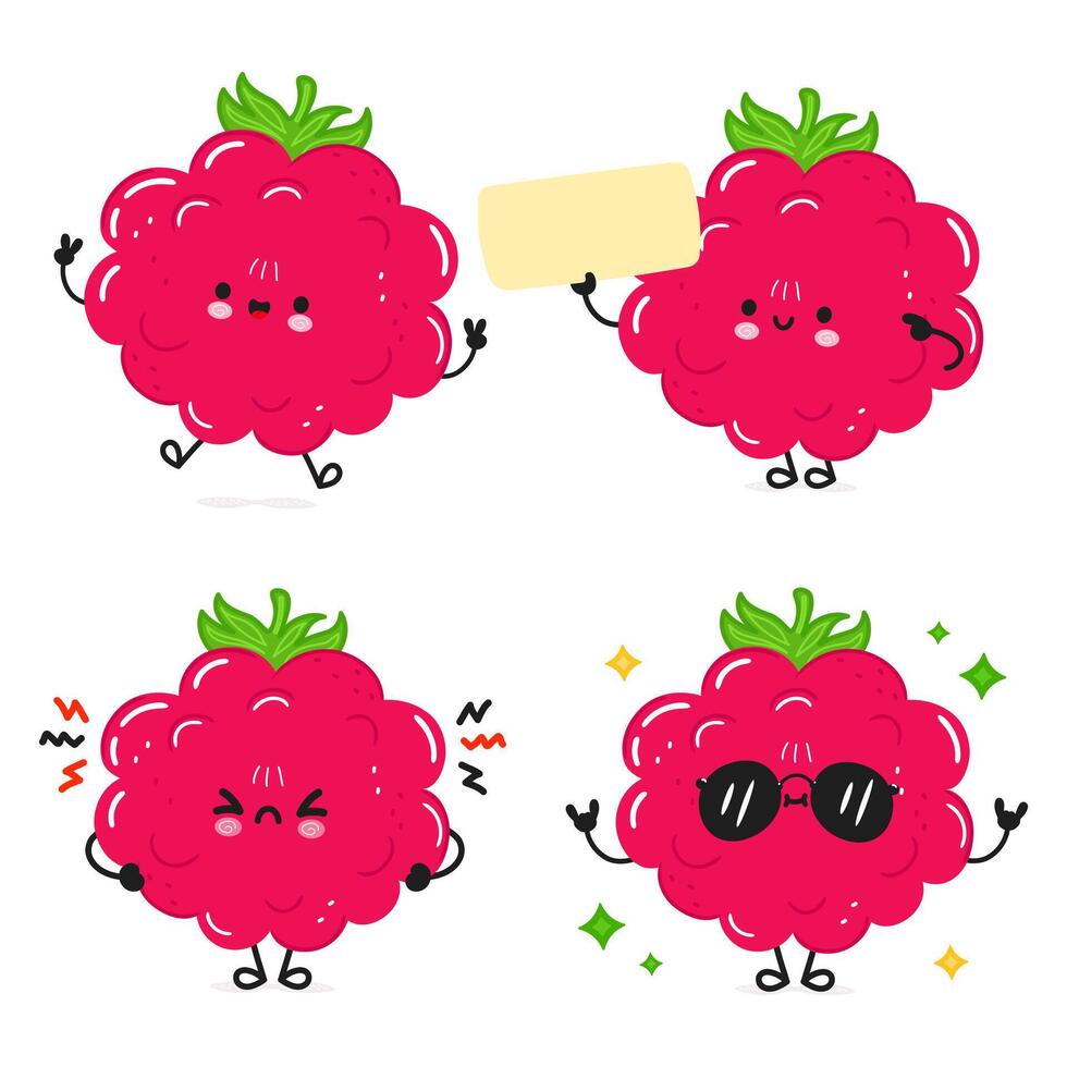 Funny Raspberries characters bundle set. Vector hand drawn doodle style cartoon character illustration icon design. Cute Raspberries mascot character collection