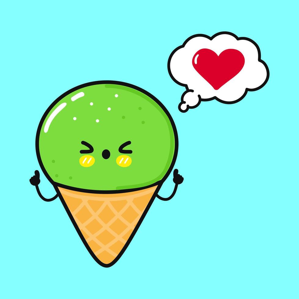 pistacho hielo crema haciendo yoga con habla burbuja. vector mano dibujado dibujos animados kawaii personaje ilustración icono. aislado en azul antecedentes. pistacho hielo crema en amor personaje concepto