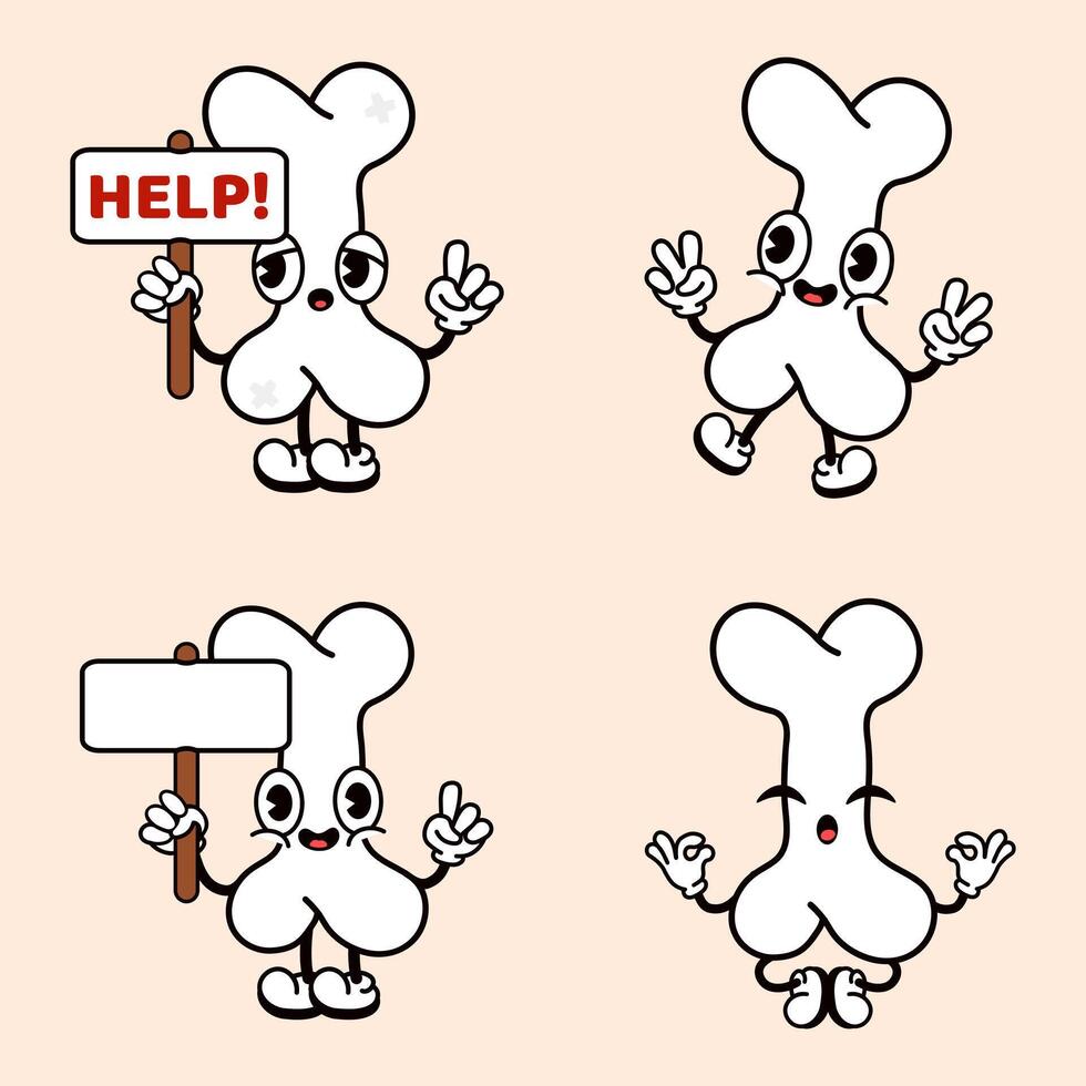 Funny cute Bone characters bundle set. Vector hand drawn doodle style traditional cartoon vintage, retro character illustration icon design. Isolated brown background. Happy Bone
